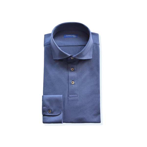 【日本製】 ポロシャツ メンズ 長袖 ビジネス カジュアル 綿100% GIZAコットン 無地 ワイドカラー ネイビー(SPKB24-070-na)